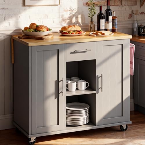 SUNLEI Rolling Kitchen Island Cart with Wheels, Island Table for Kitchen, Farmhouse Kitchen Cart with Drop Leaf & Towel Rack & Drawer, Kitchen Islands Table with Storage Cabinet, Grey - style: Grey