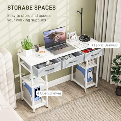 HOMCOM 47" Computer Desk with 3 Fabric Drawers, Home Office Desk with Adjustable Shelves, Small Writing Desk with Storage, White