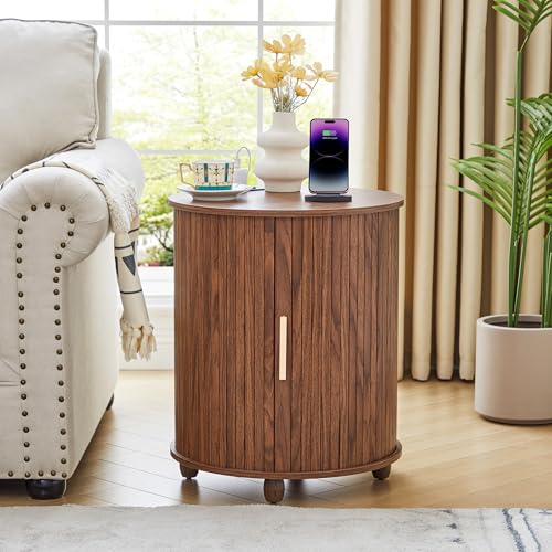 18" Fluted Round Nightstand with Charging Station,Mid Century Small Round Bed Side Table with Storage for Living Room, Walnut Color Wood End Table with Silding Door for Bedroom (1Pcs, Walnut)) - color: Walnut, size: 18"-Round