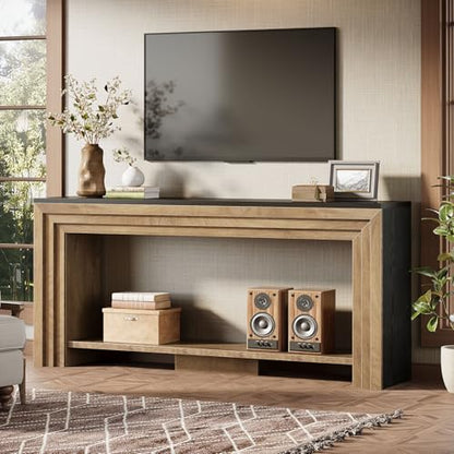 Tribesigns 70.9 Inch Narrow Console Table, Farmhouse 2-Tier Wooden Sofa Table with Storage, Space-Saving Behind Couch Accent Table for Living Room, Entryway, Hallway and Foyer - color: Natural & Black