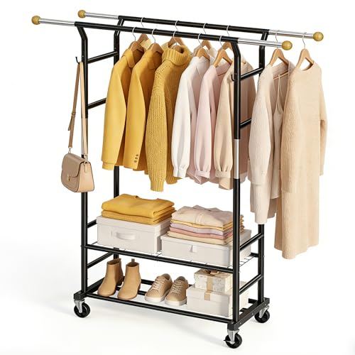 Clothes Rack with 3-Level Height Adjustment - Double Rod Extendable Hanging Rails with Wooden Finials, Luxury 2-Tier Metal Storage Shelves - Sturdy Wardrobe Rack for Closet, Bedroom or Laundry - color: 2-Tier (68.5 H")