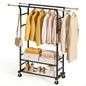Clothes Rack with 3-Level Height Adjustment - Double Rod Extendable Hanging Rails with Wooden Finials, Luxury 2-Tier Metal Storage Shelves - Sturdy Wardrobe Rack for Closet, Bedroom or Laundry - color: 2-Tier (68.5 H")