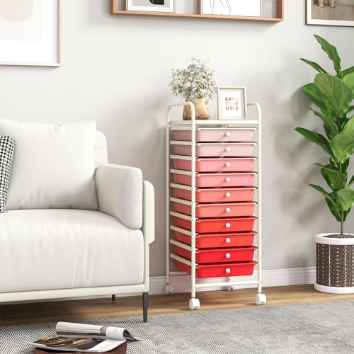 DREAMADE Rolling Cart with Storage Drawers, Utility Cart with Removable Plastic Drawers, Lockable Wheels, Art Cart for Classroom Organization Art Supplies Office Scrapbook (10 Drawers, Mixed-pink) - color: Mixed-pink, style: 10 Drawers
