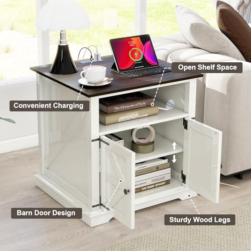 MUUEGM NightStand with Charging Station, Farmhouse Night Stands with 2 Drawers and Adjustable Storage Shelf for Living Room, Bedroom, End Table with Solid Wood Legs - color: White