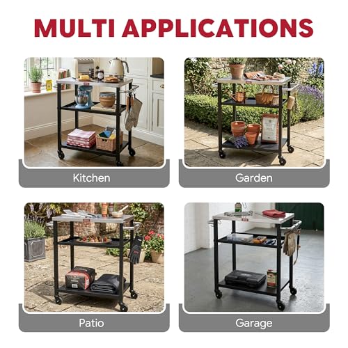 Feasto 3-Tier Outdoor Grill Cart, 26.6" x 16.1" Rolling Pizza Oven Table | Compact Stainless Top for Pizza Ovens & Griddles, Outdoor Bar Cart with S-Hooks for Patio Parties, Deck Dining & Camping - size: Compact