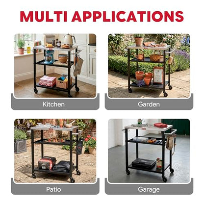 Feasto 3-Tier Outdoor Grill Cart, 26.6" x 16.1" Rolling Pizza Oven Table | Compact Stainless Top for Pizza Ovens & Griddles, Outdoor Bar Cart with S-Hooks for Patio Parties, Deck Dining & Camping - size: Compact
