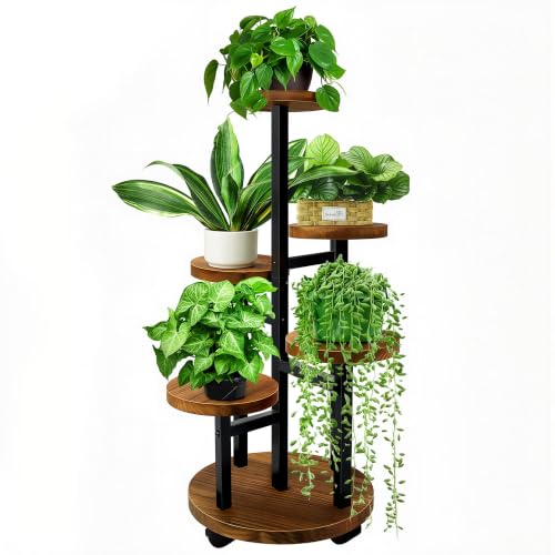 5 Tier Plant Stand With 4 Wheels | Metal Wood Tall Plant Stands For Indoor Plants Multiple, Corner Tiered Flower Plants Shelf Stand for Living Room, Brown - color: 5 Tier-Brown