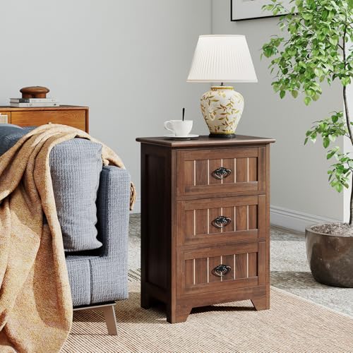 Giantex Nightstand with 3 Drawers, Bedside Table with Exquisite Metal Handles, Accent Table Sofa Side Table with Anti-toppling Device for Bedroom, Study, Walnut - color: Walnut