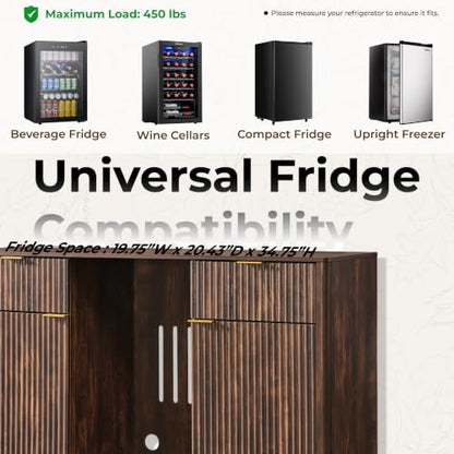 OKD 60" Fluted Coffee Bar Cabinet with Mini Fridge Space, Dark Walnut | Mini Fridge Compatible, Built In Charging Station, 3 Stemware Racks, 2 Drawers, 2 Cabinets, Home Bar Cabinet Storage - color: Dark Walnut