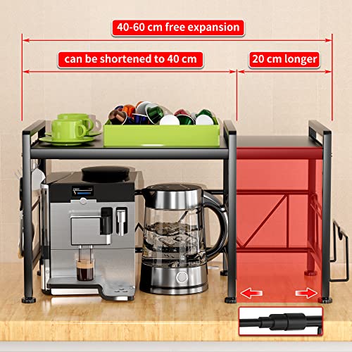 YIUKEA Extendable Microwave Oven Rack - Adjustable Kitchen counter shelf, 2 Tier Microwave Stand (L15.7~23.6" xW12.8 xH17.7) with 6 Hooks for Kitchen Countertop Organizer (Black) - color: Black