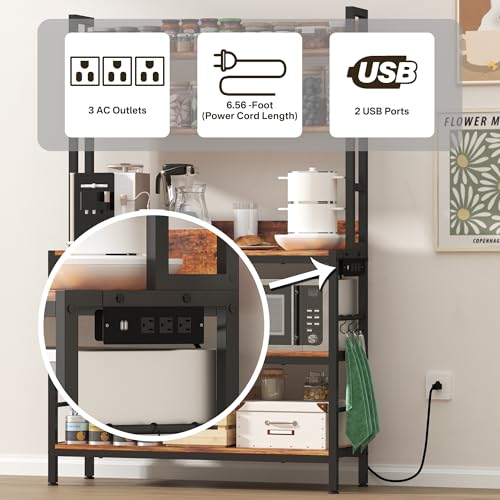 Kitchen Baker’s Rack with Power Outlet, 5-Tier Free Standing Storage Shelf Rack with Hooks, Kitchen Shelves with Storage,Industrial Microwave Stand Shelf for Dining Room,Coffee Bar for Spaces - size: with power outlet
