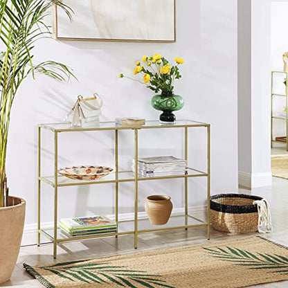 VASAGLE 39.4 Inch Console Table with 3 Shelves, Sofa Tables, Modern Entryway Table, Metal Frame, Tempered Glass Shelf, Entryway Living Room Bedroom, Metallic Gold and Transparent ULGT27G - color: Metallic Gold + Transparent, size: 39.4"W