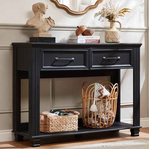 SAVOR LIFE Farmhouse 46" Console Table with 2 Drawers, Rustic Wood 2 Tier Entryway Table with Open Storage Shelf for Entry, Large Mid-Century Vintage Sofa Tables Behind Couch for Living Room, Black - color: Black