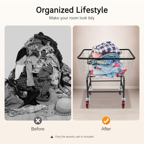 Wire Laundry Cart, Commercial Laundry Basket Cart with Wheels, 26.77"D x 21.5"W x 26"H Heavy Duty Steel Wire Hamper for Clothes Storage, Steel Frame with Galvanized, 4" Casters