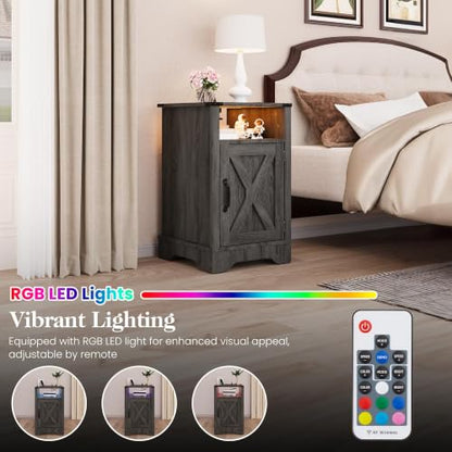 Nightstands Set of 2, Bedside Tables with Charging Station & LED Lights,25 inch Farmhouse Bedside Tables with Storage Cabinet, Open Shelf & Color Changing Lights, Rustic Wooden End Tables, Dark Gray