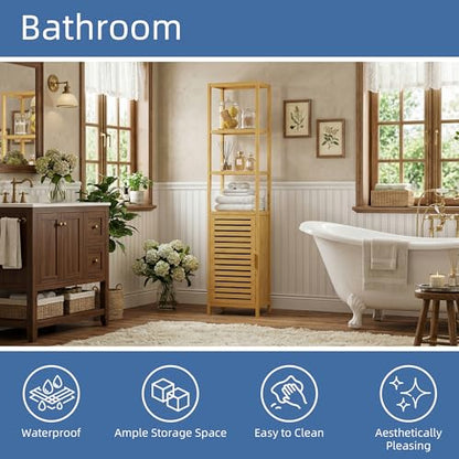 HITNET Bathroom Floor Cabinet, 6 Tier Tall Thin Linen Tower Storage Cabinet Free Standing Bamboo, Kitchen Side Organizer with 3 Shelves and Cupboard, Natural - color: Natural