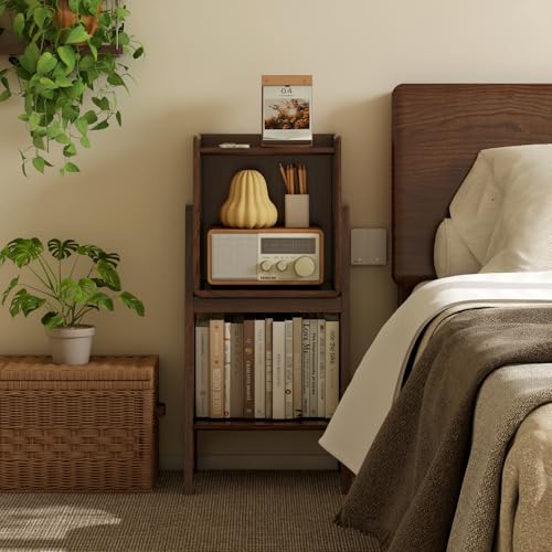 100% Solid Oak Ladder Shelf with Cabinet, 32.67" Tall Nightstand with Stable Frame for Bedroom, Small Bookcase for Living Room Nursery(Walnut, Fully Assembly Furniture) - color: Walnut Color, size: 3 Tier with Cabinet (32.67" H)