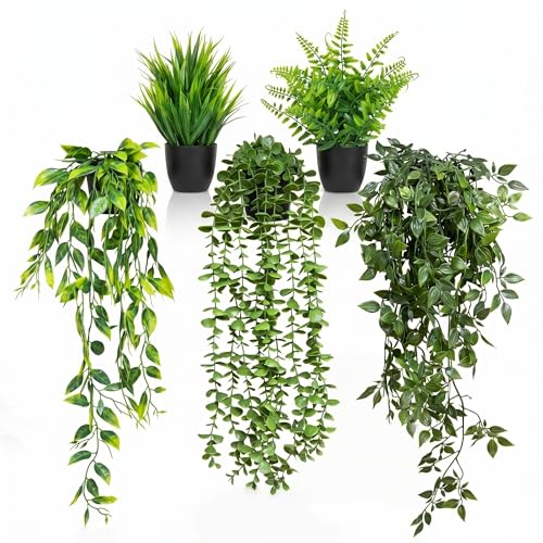 5 Pack Fake Plants - Artificial Hanging Plants & Small Potted Faux Eucalyptus Fern Ivy, UV Resistant Maintenance-Free, for Shelf Wall Desk Home Office Bathroom Indoor Outdoor Decor - size: 5-pack-5in1