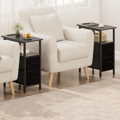 Vagusicc Set of 2 Black Nightstand with Charging Station and LED Lights, Narrow Side Table, LED Night Stand with 2 Fabric Drawers, Bedside Table Small End Table, Tall Nightstand for Bedroom, Black - color: Black, size: 2, style: With LEDs
