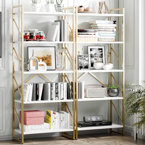 Vongrasig 5 Tier Bookshelf, Modern Tall Bookcase, Industrial Book Shelves Display Standing Shelf, Free Standing Storage Organizer for Bedroom, Living Room, White+Gold - color: White+gold
