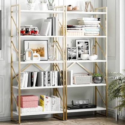 Vongrasig 5 Tier Bookshelf, Modern Tall Bookcase, Industrial Book Shelves Display Standing Shelf, Free Standing Storage Organizer for Bedroom, Living Room, White+Gold - color: White+gold