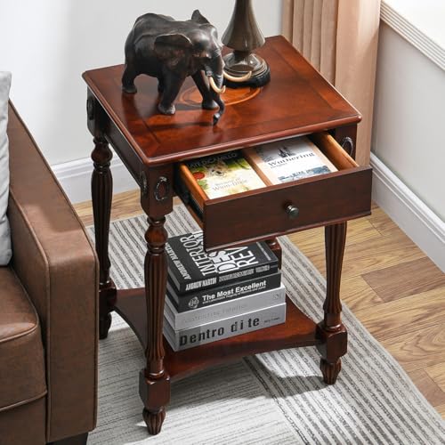 Solid Wood Side Table with Drawer and Storage Shelf, Traditional End Table, Narrow Telephone Nightstand, Carvings Elegant Vintage, for Living Room, Bedroom, Office Cherry Walnut GBJ1533WD - color: Cherry Walnut