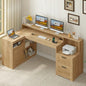 TVU Farmhouse L Shaped Desk with Drawers, 62.2" Home Office Desk with Storage Shelves and Power Outlet, L Shaped Computer Desk with Monitor Stand and Printer Shelf, Oak - color: Oak