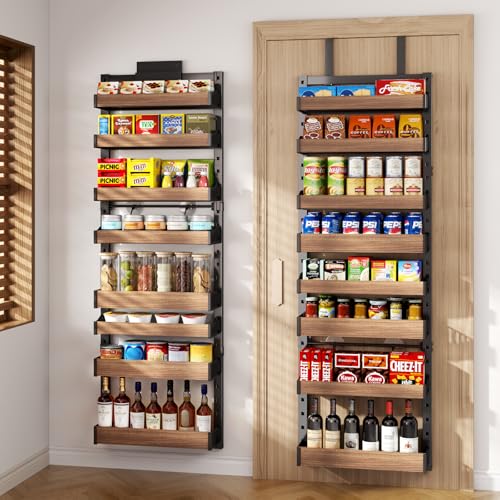8-Tier Over The Door Pantry Organizer, Heavy-Duty Metal Wall Mount or Hanging Spice Rack, behind the door storage Shelves with Adjustable Basket, Back of Door Organizer for Kitchen Cabinet and Closet - color: Coffee wood, size: 17.2"W-8 tier