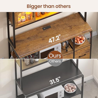 Itaar Bakers Rack with Power Outlet and LED Light, 47.2'' Microwave Stand with Storage, Kitchen Coffee Bar Cabinet with Glass Door, 4 Drawer, Wine Rack, Goblet Holder and 12 Hooks, Rustic Brown - color: Rustic Brown