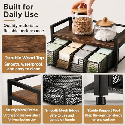 8-Drawer Tea & K-Cup Storage Organizer for Countertop | 8 large drawers，Iron & wood, fits tea bags & K-Cups, dust-proof，space-saving，for countertop or drawer，easy-clean
