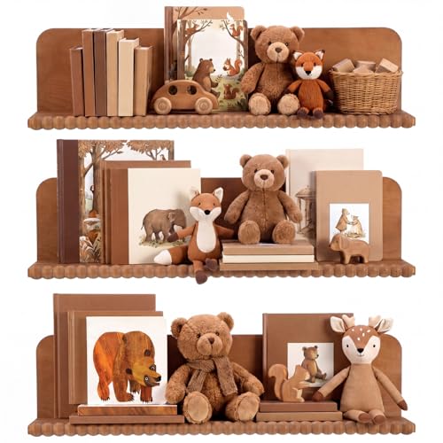 Novabright Nursery Book Shelves for Wall Set of 3 Floating Shelves,Brown | 16 Inch Organizer with Beaded Design, Bookshelf, Nursery, Bedroom, Living Room, Kitchen