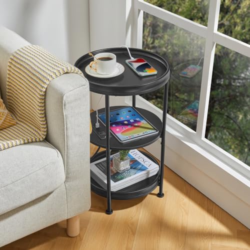 Dulcii Round Side Table with Charging Station, 24'' End Table with 3 Shelves for Living Room, Bedroom Nightstand with Steel Frame for Small Spaces, Industrial Round Sofa Table (USB+Black) - color: Black, style: With Outlets