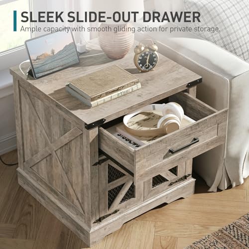 RALGEND Farmhouse End Table with Charging Station, 24" Large Sofa Side Table with Drawer, Large End Table for Living Room, Wooden Nightstand with Outlet, Square, Greige - color: Greige
