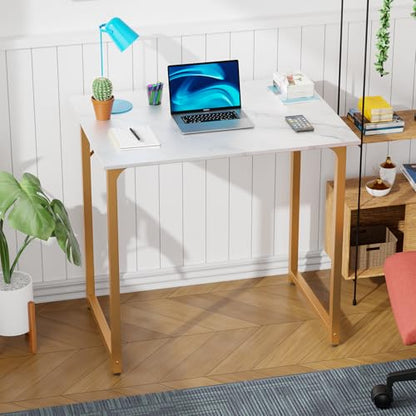 Dkelincs 32 Inch Small Computer Desk Home Office Desk Writing Desk Modern Simple Style Study Work Table with Metal Frame, Easy Assembly, Adjustable Feet, Water-Resistant, Scratchproof Surface, Gold - color: Gold, size: 32 Inch