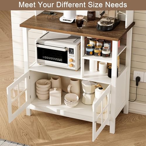 ChooChoo Farmhouse Bakers Rack with Power Outlets and Storage, Coffee Bar Cabinet with Storage, Microwave Stand Kitchen Cabinet with Hutch and 6 Hooks, Soft White & Brown - color: Soft White & Brown