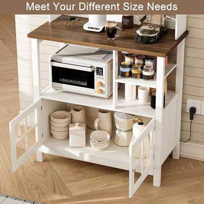 ChooChoo Farmhouse Bakers Rack with Power Outlets and Storage, Coffee Bar Cabinet with Storage, Microwave Stand Kitchen Cabinet with Hutch and 6 Hooks, Soft White & Brown - color: Soft White & Brown