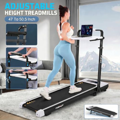 FUNMILY Upgrade Walking Pad Folding Treadmill with 12%/15% Incline & Handle Bar, 3.5HP Foldable Under Desk Compact Treadmills for Home/Office/Gym, 400+lb Capacity, Shock Absorption - color: Moon White