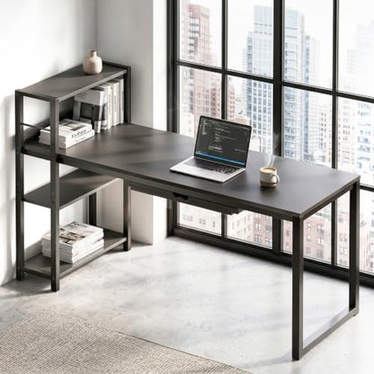 SHW 46-Inch Home Office Computer Desk w/Side Shelf & Drawer, Black | w/ Reversible Adjustable Shelf | Drawer with adjustable compartments - color: Black