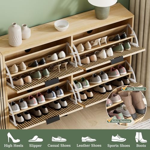 Shoe Cabinet Storage with 4 Flip Drawers, Narrow Hidden Shoe Organizer Cabinet for Entryway, Modern Freestanding Slim Shoe Rack Organizer Shoe Cupboard for Hallway, Natural Wood - size: 4 Flip Drawers