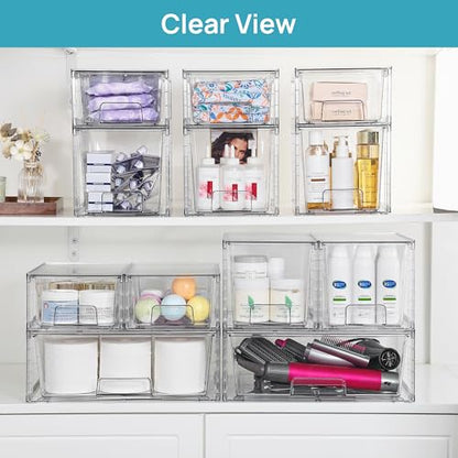 Vtopmart Clear Stackable Storage Drawers, 5 Pack Multi-Size Organizer Set | Wide, Medium and Small Pull-Out PET Drawers with Stackable Design for Cabinets, Closets, Pantry and Bathroom Organization - style: 1 Wide+2 Medium+2 Small