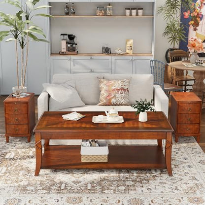 Solid Wood End Table with 3 Drawers and Slide-Out Coffee Tray | Cherry Red American Beside Table, Sofa Chair Side Table Nightstand for Living Room Bedroom, Rustic Wood Grain Accent Table - size: 22.6" Wood End Table