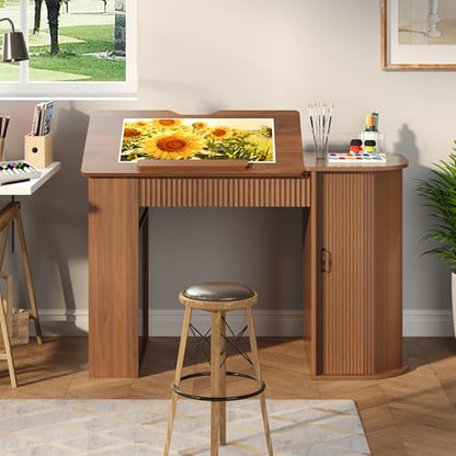 Drafting Table with Storage Cabinet & Drawers, Adjustable Drawing Table with Open Shelves, Crafting Table Art Desk for Home Office, Reading, Writing, Crafting, Painting - color: Walnut