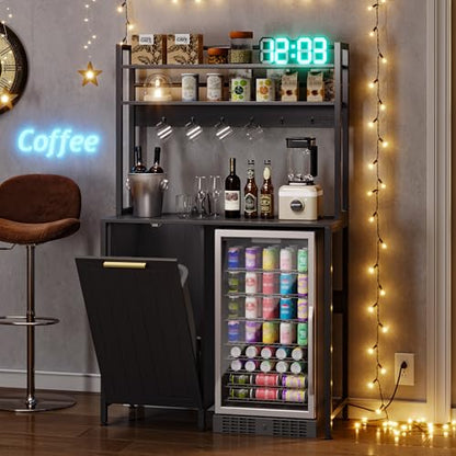 DWVO Fridge Stand with Tilt Out Trash Can Fit 10 Gallon | Mini Storage Bakers, Kitchen Rack with Power Outlets, Freestadning Coffee Bar Cabinet, 3-Tiers Coffee Stand Station - style: Antique-Black