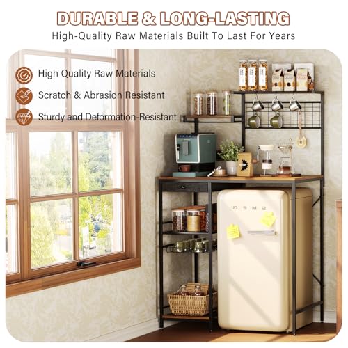 CozyDH Bakers Rack with Power Outlet, Kitchen Microwave Pantry Shelf with Storage Shelves, Wood Coffee Bar with Wire Basket and 8 S-Shaped Hooks, Rustic Brown 35.4 Inches