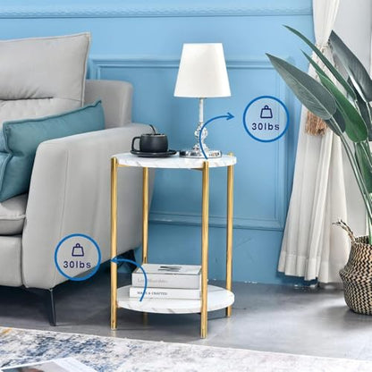 Gold End Table, Faux Marble Side Table, 2-Tier Small Round Nightstand for Bedroom - Modern Accent Table for Living Room Couch, Metal Frame (1 Pack) - color: Gold