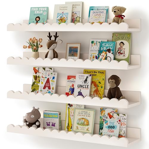 Shario Nursery Book Shelves, 4-Pack White Floating Shelves for Wall Kids, Scalloped Shelves, Wall Book Shelves for Bedroom Kids, Toddler Room, Baby Room, Nursery Decor - color: White, size: 23 Inches