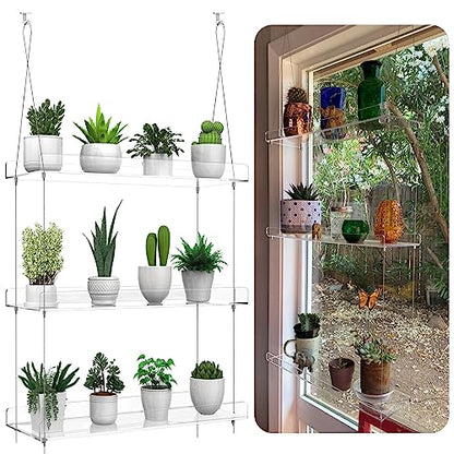 3-Tier Hanging Clear Plant Shelves for Windows, 16 Inch per Tier | Acrylic Window Wall Plant Stand Shelf for Kitchen Indoor Gardens, Flower, Herb, Seedling Organization, and Pots Display. - size: 3 Tier