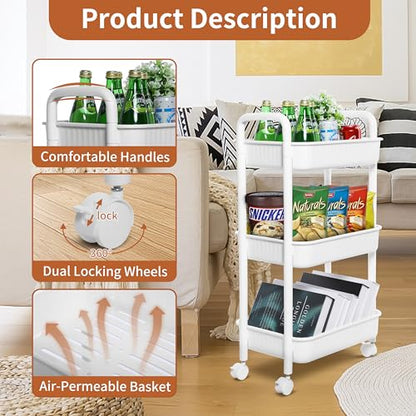YSSOA Rolling Storage Cart, 3 Tier Slim Mobile Shelving Unit 360° Rotating Wheel Lockable Utility Cart, Ideal for Office, Kitchen, Bathroom, Laundry and Narrow Spaces, White - size: 3-Tier 11"Dx16"Wx30"H