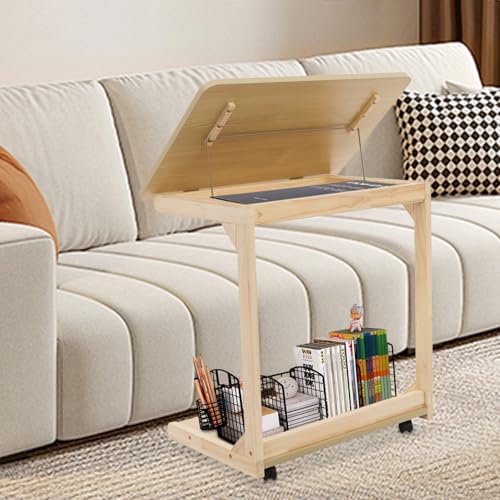 Modern C-Shaped End Table, 2 Tier Sofa Side Table with Wheels and Adjustable Desktop Small TV Tray Tables for Living Room Bedroom Apartment (Wood, 60cm) - color: Wood, size: 60cm