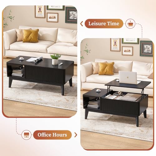 LYNCOHOME Fluted Coffee Table with Hidden Compartment, Wood Lift Top Coffee Tables, Modern Center Table for Living Room, Home Office, Black - color: Black, size: 18.9''D x 37.4''W x 16.2''H
